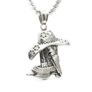 Retro Stainless Steel Cowboy Hat And Boot Pendant Necklace For Men Women Western Star Pattern Fashion Jewelry Gift Idea
