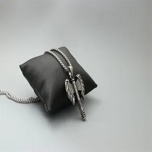 Vintage silver double-sided axe pendant necklace with wing carvings on box chain