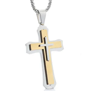 316L Roestvrij Staal Drielagig Kruis Hanger Halsketting Goud Zilver Tweekleurig Religieuze Mode Sieraden Voor Heren Dames
