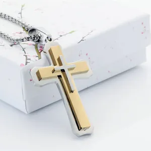 Tweekleurige gelaagde roestvrijstalen kruishanger aan een zilveren kralenketting voor unisex