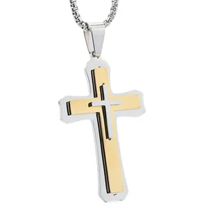Drielaagse kruis hanger ketting in goud en zilver staal voor dames en heren