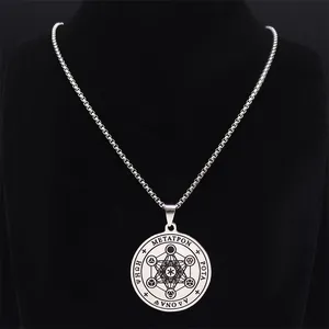 Collier avec pendentif Cube de Métatron en acier inoxydable argenté pour hommes