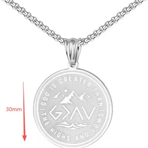Silver stainless steel necklace with 30mm engraved round pendant and box chain