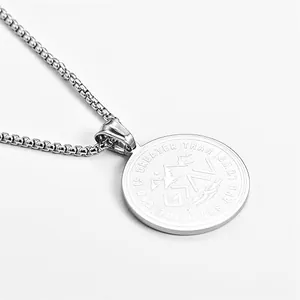 Polished stainless steel round pendant necklace with God Is Greater engraving and box chain