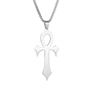 Polished stainless steel Egyptian Ankh cross pendant necklace with a classic link chain