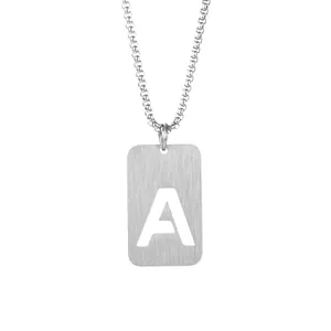 Minimalist silver alphabet A pendant necklace with hollowed-out rectangular dog tag