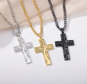 Colliers homme avec pendentif croix arbre de vie en or, argent et noir sur chaîne cubaine