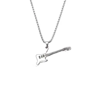 Classic stainless steel electric guitar pendant necklace for men with silver metal chain