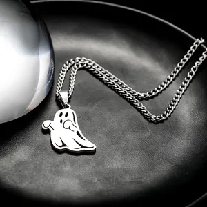 Halloween ghost pendant necklace in silver stainless steel with a stylish curb chain