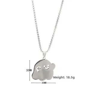 Detail showing creative ghost pendant size 30mm and weight 18.5g on a silver ball chain