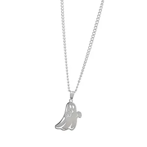 Sleek stainless steel necklace with a hollow cartoon ghost pendant for Halloween style