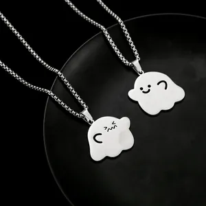 Titanium Steel Cartoon Ghost Pendant Necklace For Couples Friends Hollow Heart Halloween Jewelry Polished Silver Necklace