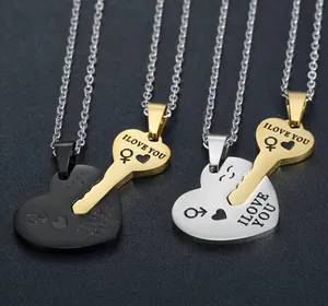 Detailed view of heart and key couple necklaces with I Love You laser engraving