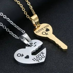 Couples stainless steel necklaces with heart and key pendants engraved with I LOVE YOU