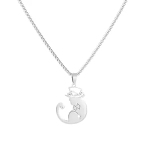 Silberne Halskette mit Katzenanhänger, Zylinder und hohlen Stern-Diamant-Details