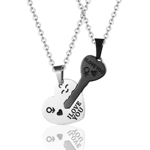 Matching stainless steel heart and key couples necklace set with I Love You engraving
