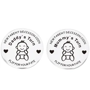 Polished stainless steel New Parent Decision Coins with Daddy's and Mummy's Turn engraving