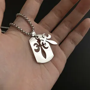 Collier Unisexe en Acier Inoxydable Avec Pendentif Plaque d'Identité Ajourée Croix Fleur De Lys Bijoux Style Punk Homme Femme