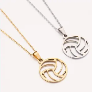 Volleyball Pendant Necklace Stainless Steel Hollow Round Sports Jewelry Clavicle Chain For Women