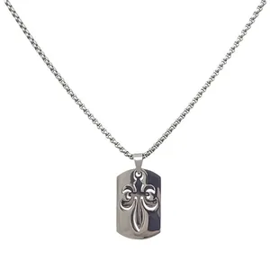 Collier unisexe en acier inoxydable avec pendentif ajouré fleur de lys et chaîne box