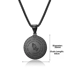 Black stainless steel praying hands round pendant necklace with 30mm diameter