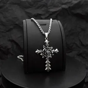 Gothic hip-hop silver cross rose pendant necklace with square chain on black stand