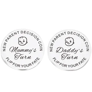 Polished stainless steel decision coins for new parents showing Mummy's and Daddy's Turn