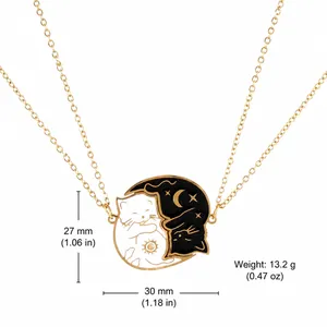 Collier chat Yin Yang doré avec motifs soleil et lune pour couples et amis