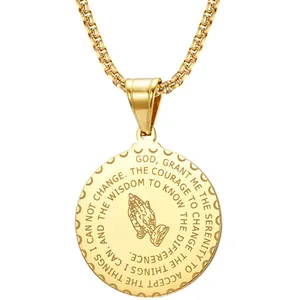 Gold round pendant necklace with praying hands engraving and Serenity Prayer for men