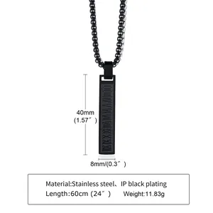 Detail view of 40mm x 8mm black IP plated stainless steel bar pendant with chain necklace
