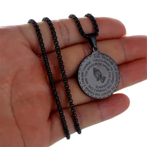 Men's black stainless steel round pendant necklace featuring prayer hands and bead chain