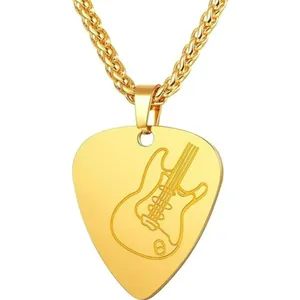 Collana plettro per chitarra dorata in acciaio inossidabile con incisione e catena grano