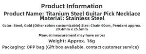 Specifiche della collana plettro per chitarra in acciaio inox con catena 60cm