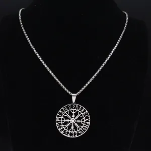 Silver stainless steel Viking Vegvisir necklace with Rune circle on black display
