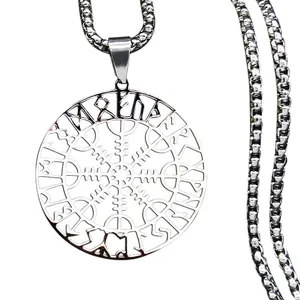 Silver stainless steel Viking Vegvisir compass pendant with Nordic rune chain necklace