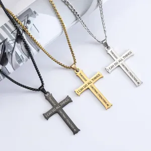 Colliers avec pendentif croix en acier noir, doré et argenté avec gravure de versets bibliques