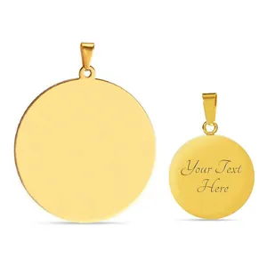 Polished gold circular stainless steel pendant showing customizable engraved text option