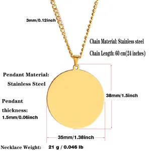 Polished golden stainless steel round pendant detail with dimensions and twisted chain info