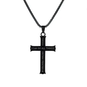 Collier pour homme avec pendentif croix en acier inoxydable noir mat et verset gravé