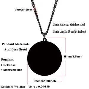 Detailed size specifications for a black stainless steel circular pendant with a 60cm chain
