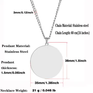 Polished stainless steel round pendant necklace with 60cm chain length measurements
