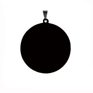Detail showing a minimalist round black mirror-finish stainless steel pendant tag