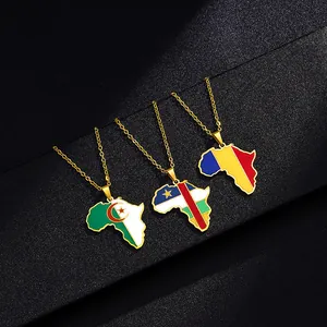 Golden stainless steel Africa map pendant necklace featuring colorful national flag patterns