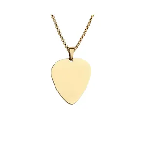 Polished gold guitar pick pendant necklace with classic box chain for women and men