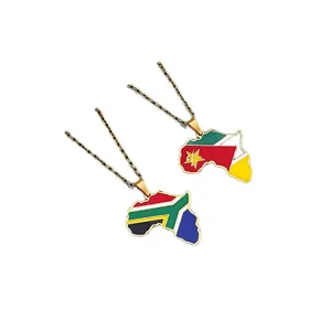 Gold stainless steel Africa map pendant necklace with South Africa and Zimbabwe flags