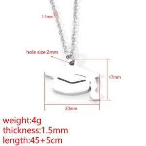 Silver graduation cap pendant necklace with detailed size measurements on white background