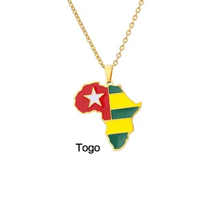 Detailed close-up of Togo map pendant with colorful national flag enamel on gold chain