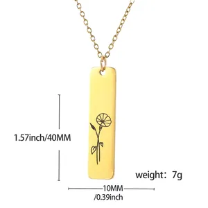 Gold stainless steel rectangle pendant necklace with floral engraving and dimensions
