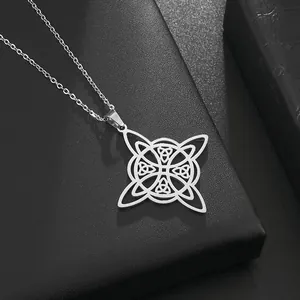 Silver stainless steel witch knot celtic pendant necklace on a black textured box