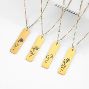 Minimalist gold-plated stainless steel necklaces with engraved floral pendant patterns
